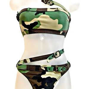 Authentic Christian Dior Galliano Rare 01 SS Camo Bondage Bikini Set